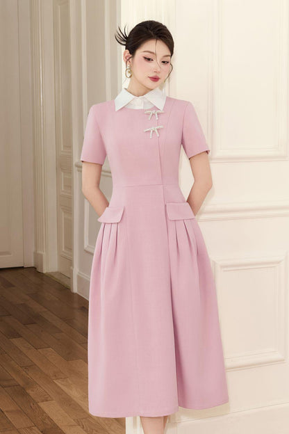 WH PLAN A-line Collared Neck Linen Cotton ruched pleat Midi Dress - Aimi