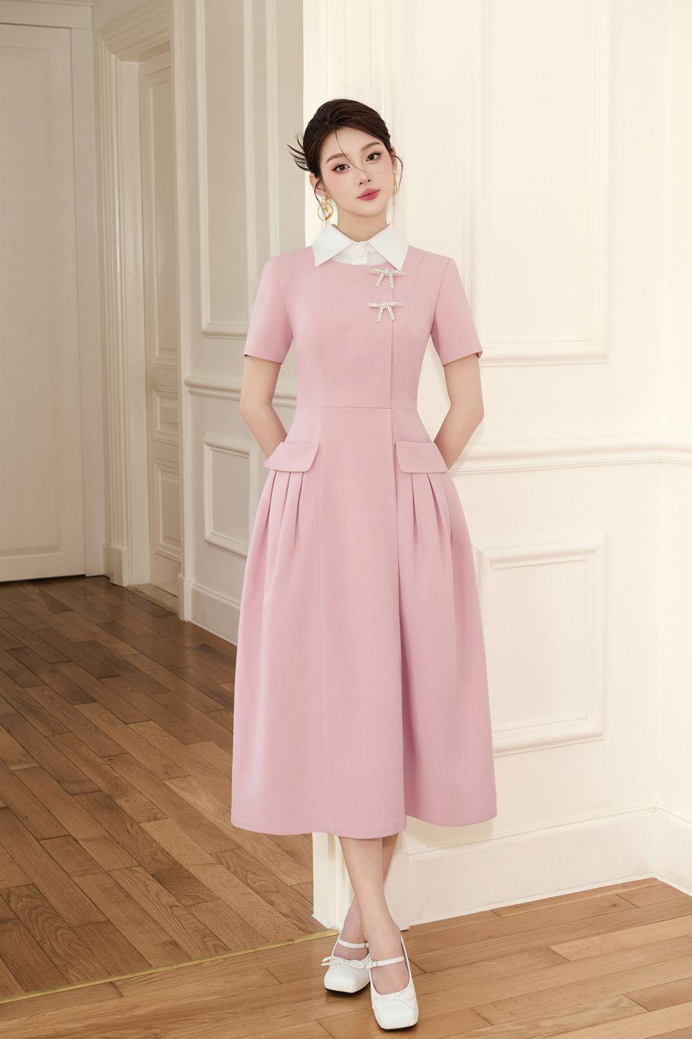 WH PLAN A-line Collared Neck Linen Cotton ruched pleat Midi Dress - Aimi