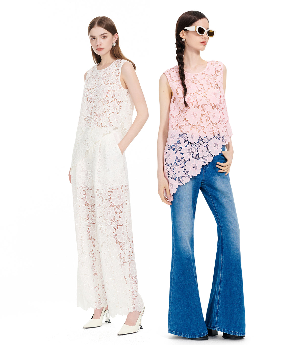 YES BY YESIR | Ye Qians Lace Set Irregular Slanted Hem Shirt Vest Ensemble -ALISERA.