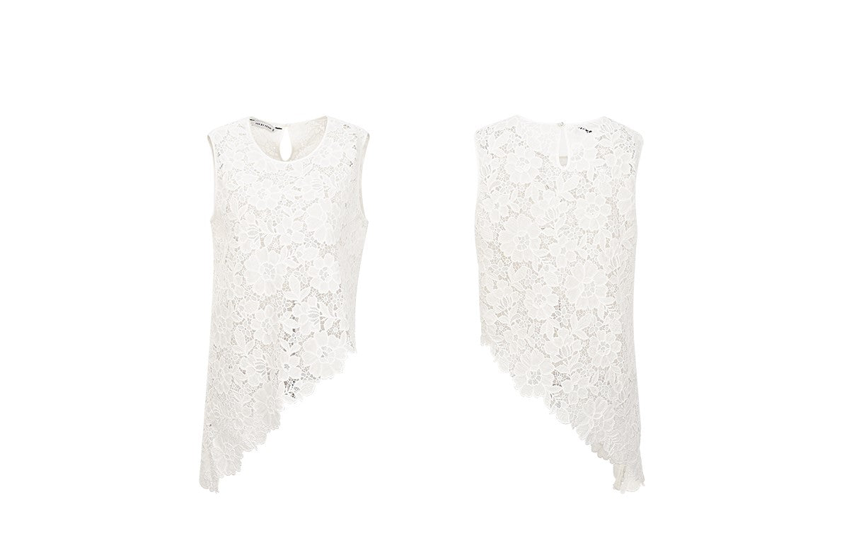 YES BY YESIR | Ye Qians Lace Set Irregular Slanted Hem Shirt Vest Ensemble -ALISERA.