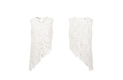 YES BY YESIR | Ye Qians Lace Set Irregular Slanted Hem Shirt Vest Ensemble -ALISERA.