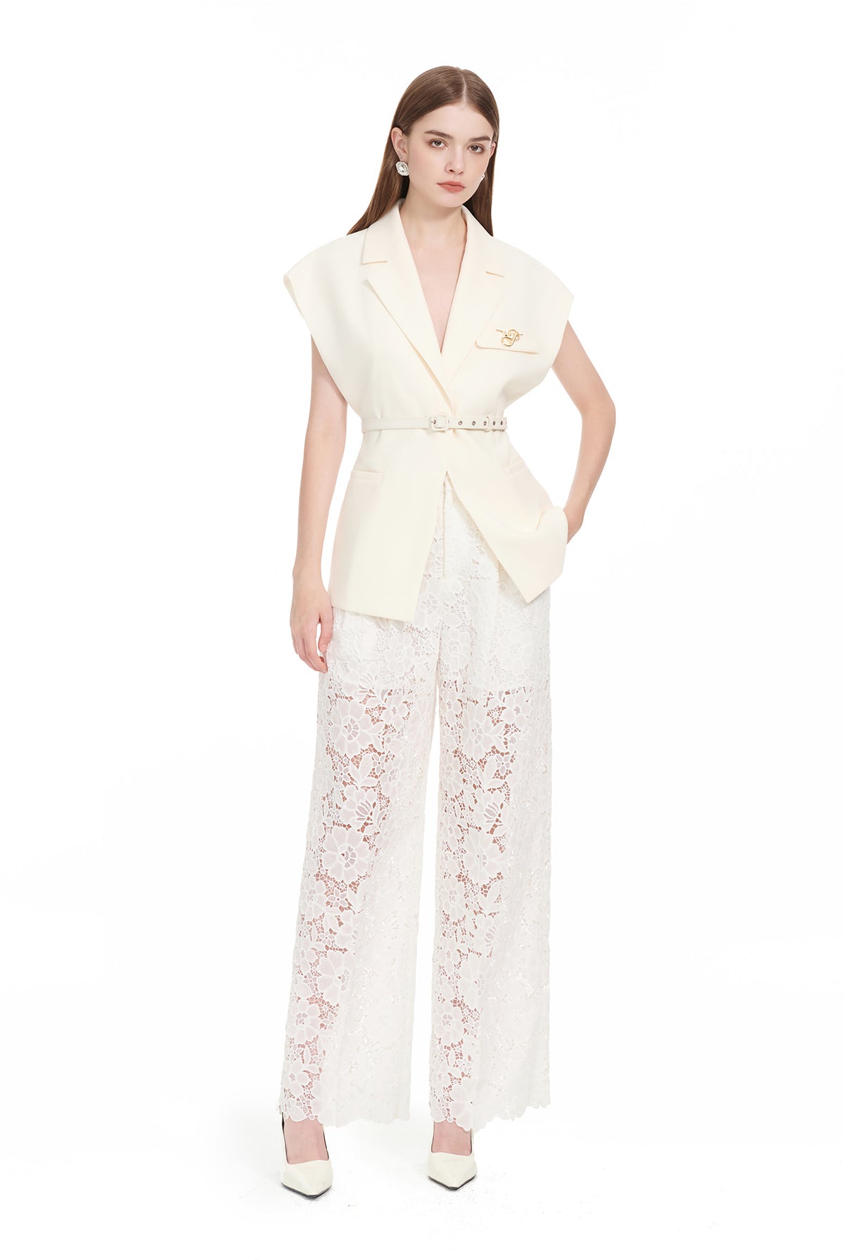 YES BY YESIR | Ye Qians Lace Set Irregular Slanted Hem Shirt Vest Ensemble -ALISERA.