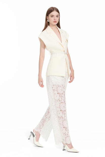 YES BY YESIR | Ye Qians Lace Set Irregular Slanted Hem Shirt Vest Ensemble -ALISERA.
