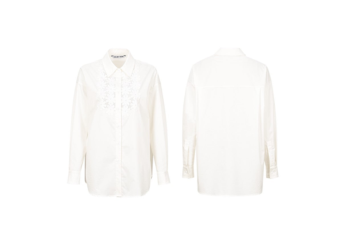 YES BY YESIR |  Stitched Lace Detail White Long-Sleeved Shirt -AMARIELLE.