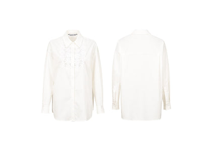 YES BY YESIR |  Stitched Lace Detail White Long-Sleeved Shirt -AMARIELLE.