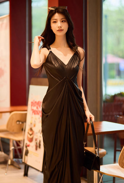 YES BY YESIR | Ye Qians Pleated Romantic Long Dress with Sculptural Ring Ornament-AMELINA.