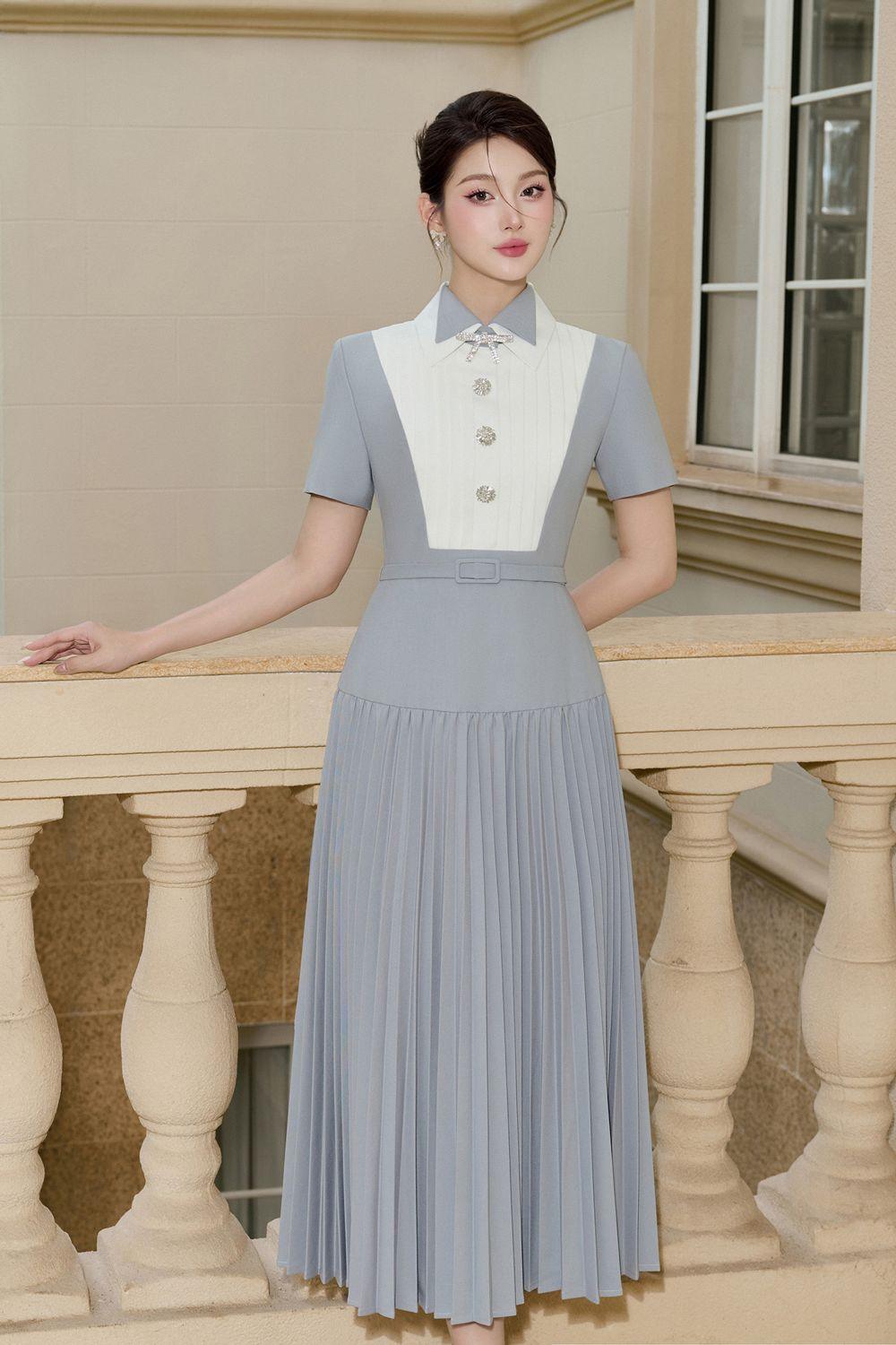 WH Plan Bib Neck A-Line Pleated Linen Cotton Full Midi Dress - Amo Customize / Grey WH Plan Bib Neck A-Line Pleated Linen Cotton Full Midi Dress - Amo Customize / Grey