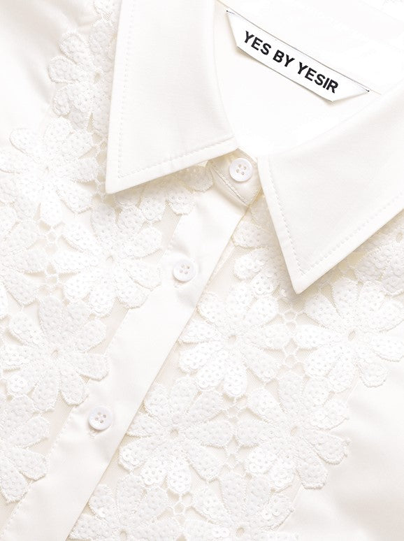 YES BY YESIR |  Stitched Lace Detail White Long-Sleeved Shirt -AMARIELLE.