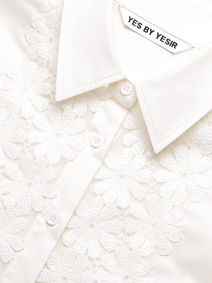 YES BY YESIR |  Stitched Lace Detail White Long-Sleeved Shirt -AMARIELLE.