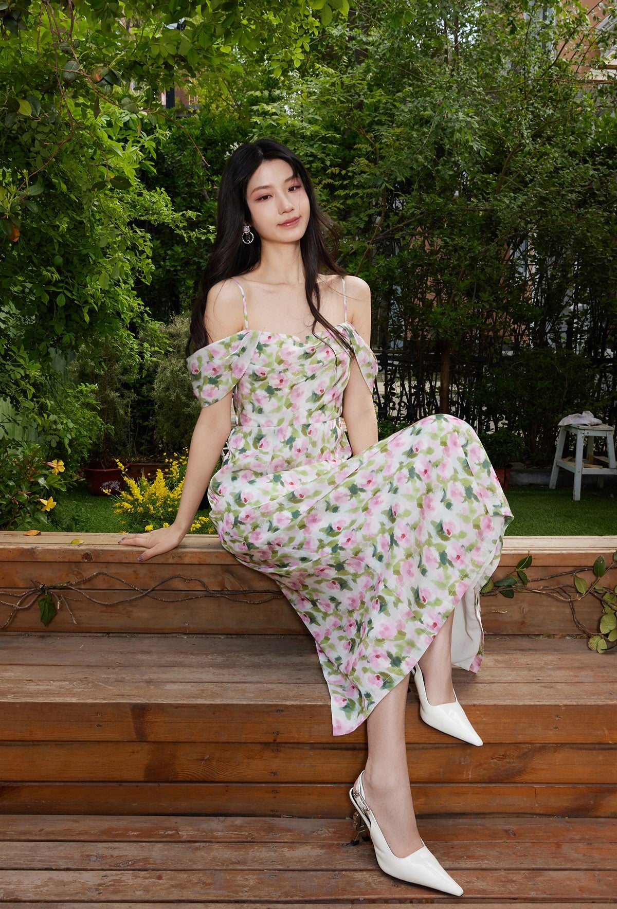 YES BY YESIR | Ye Qians 2025 Monet Garden Dream Painterly Slip Dress with Delicate Florals -ARLETTA.