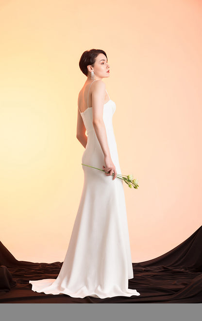GOUDIN white long suspender slim dress high-end texture host dress-FIN.