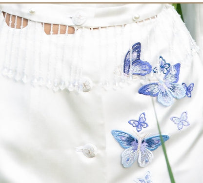 Magic Q white butterfly embroidery handmade bead chain suit culotte set- IIjs