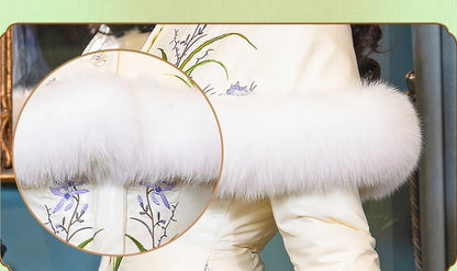 Magic Q exclusive embroidered shawl fox fur fishtail white vintage goose down jacket - iyo