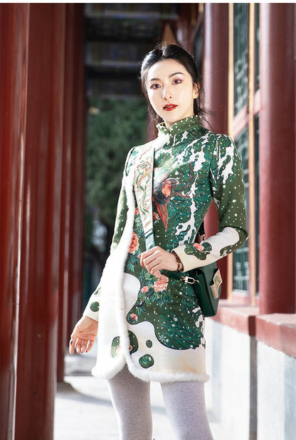 Magic Q Exclusive vintage stand up collar cheongsam mink strip print dress - Siana