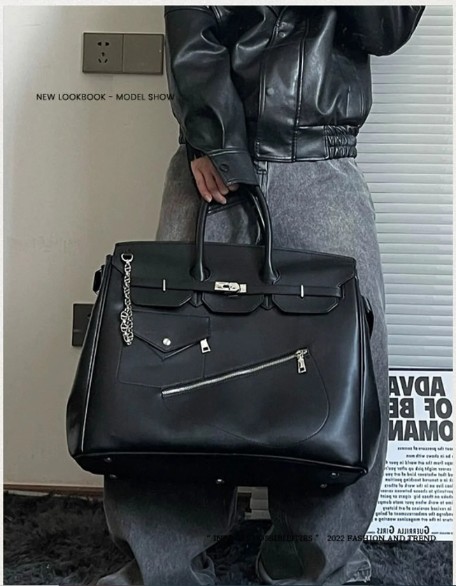 Birkin inspired handmade PU Leather Black tote buckle travel