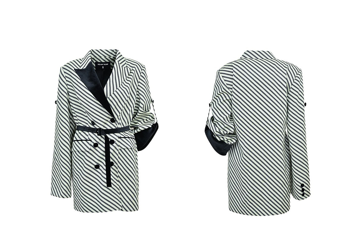 YES BY YESIR  black and white striped patchwork suit dress - BUZZ.