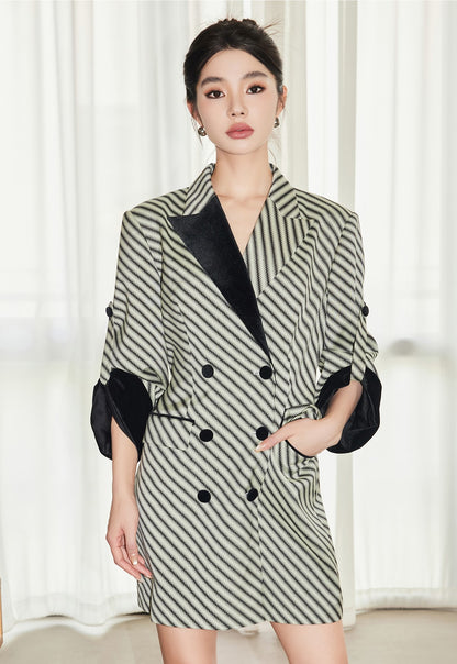 YES BY YESIR  black and white striped patchwork suit dress - BUZZ.