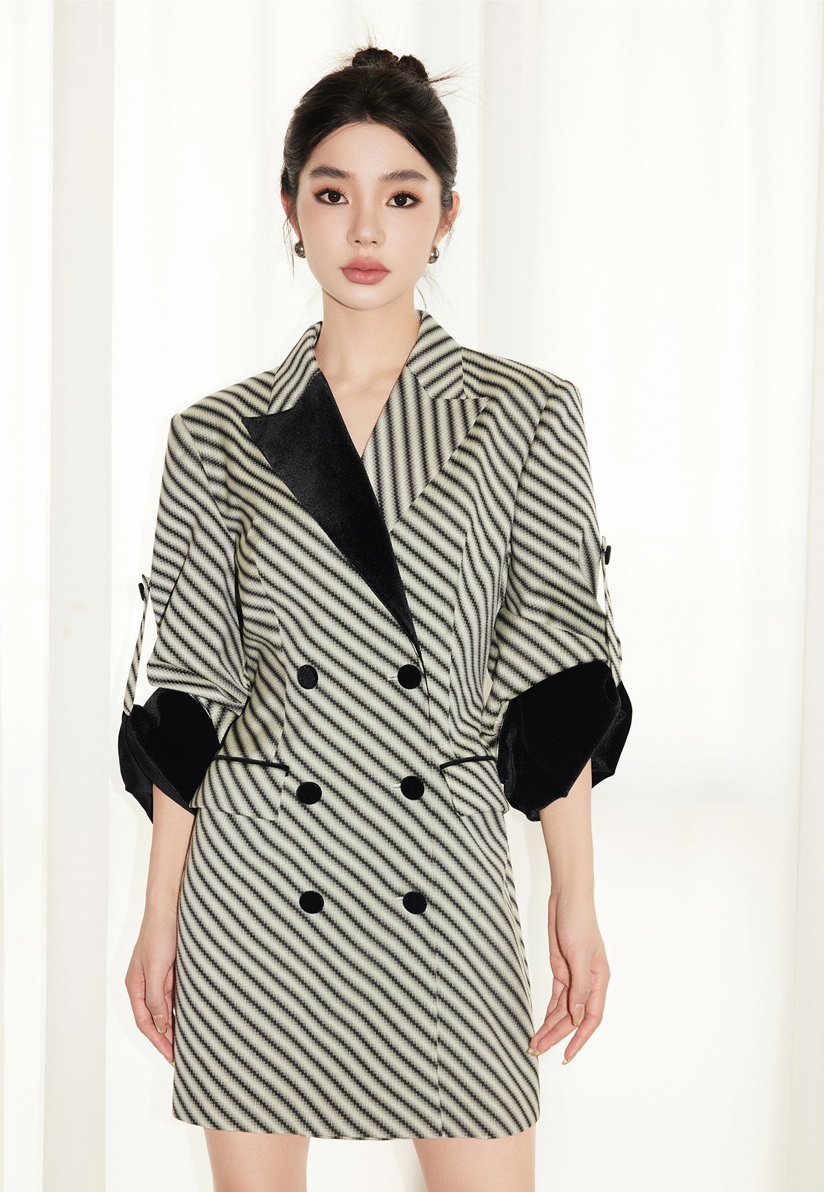YES BY YESIR  black and white striped patchwork suit dress - BUZZ.