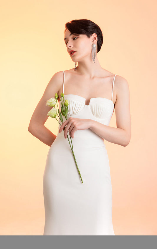 GOUDIN white long suspender slim dress high-end texture host dress-FIN.