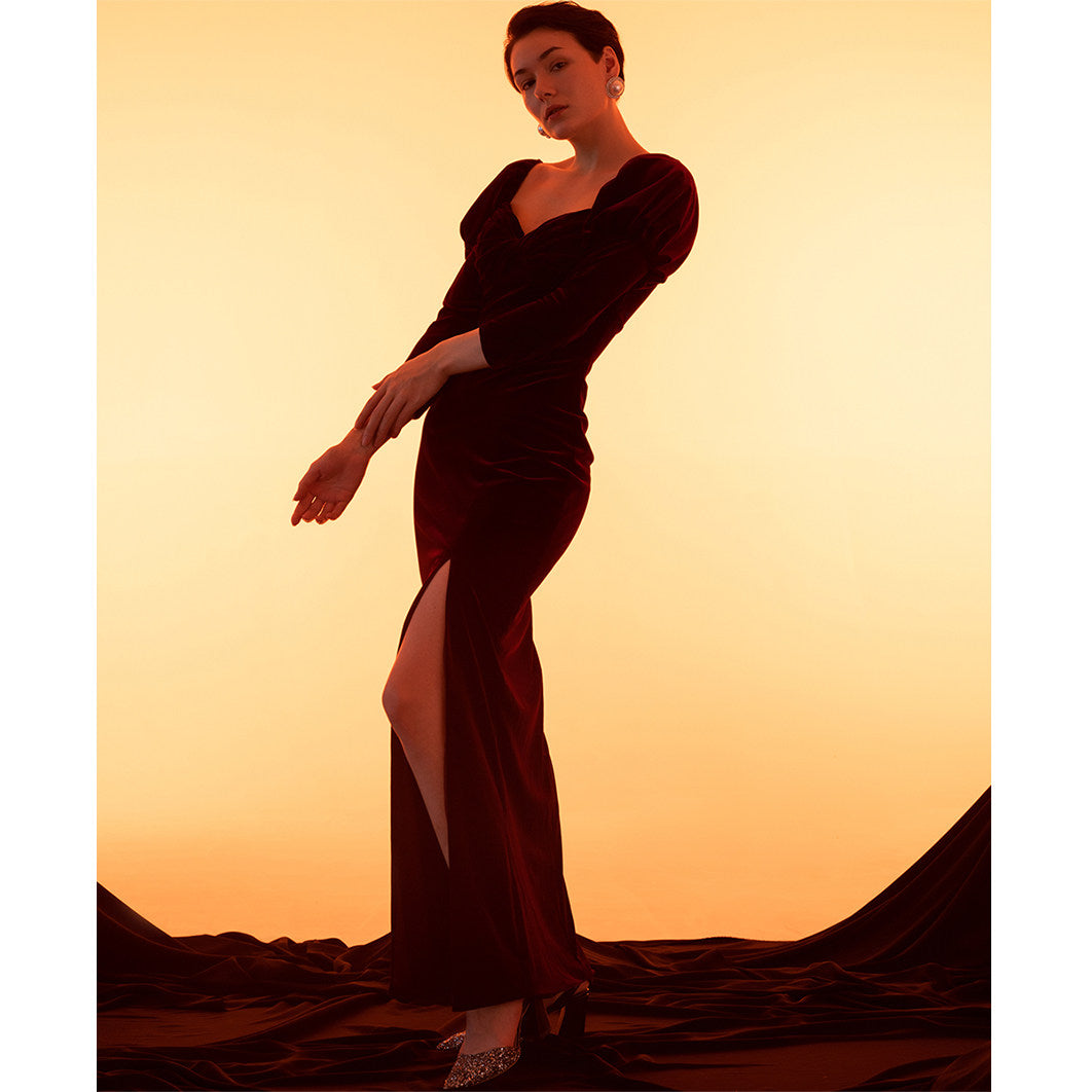 GOUDIN women's long sleeve velvet front slit long dress- RIVER.