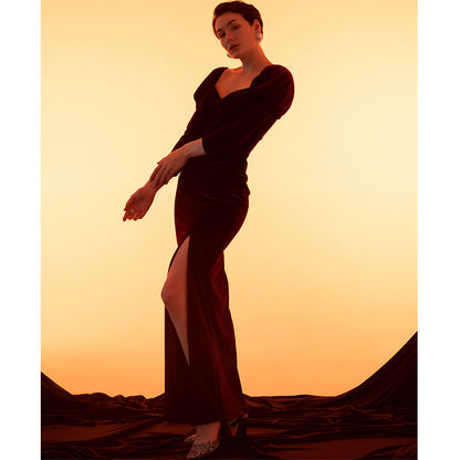 GOUDIN women's long sleeve velvet front slit long dress- RIVER.