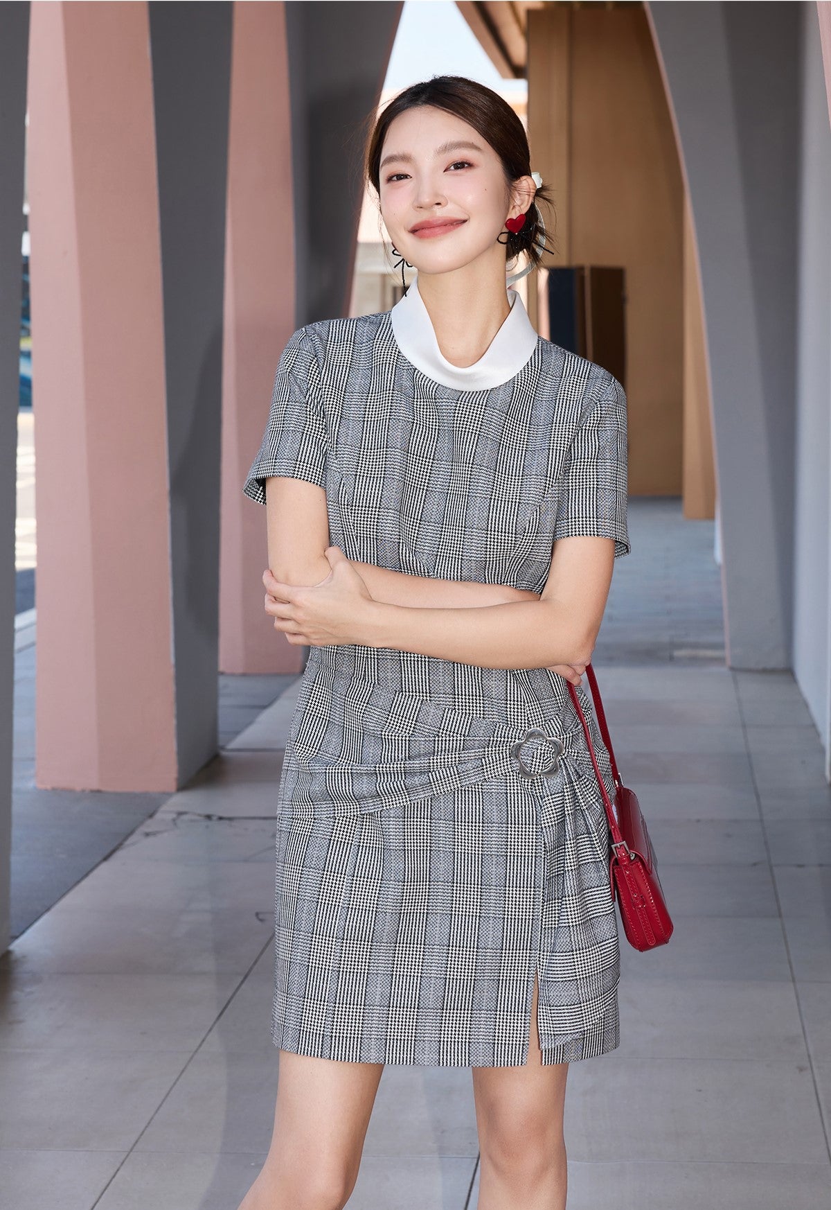 YES BY YESIR | Ye Qians Classic Check Dress with Loop Knot  -CAMELLIA.