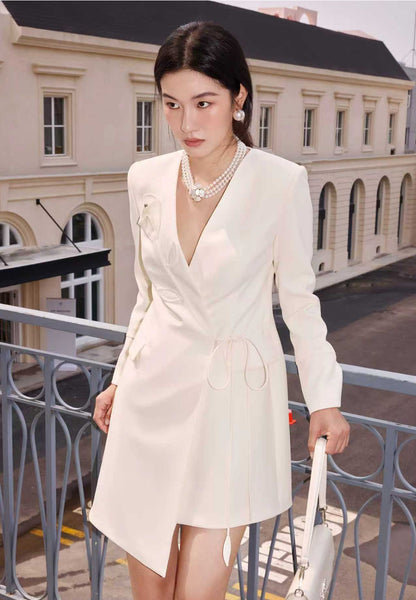 calla lily formals & prom dresses Off-White Calla Lily Ruffle Shawl Collar Double-Breasted Dress