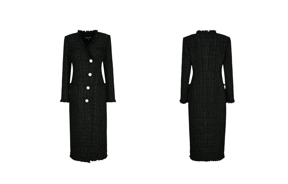 YES BY YESIR Extra-long V-Neck Tweed Coat Dress - COLE.