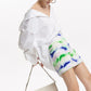 High-end limited edition Multi-colored zipperd decorated printed High Waist A-Line short Skirt