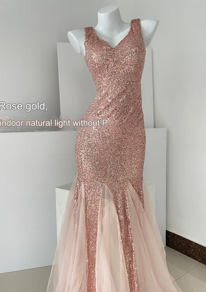 DOLLY Elegant Deep V-Neck Sleeveless Sequin Mesh Long Cocktail Dress-JUSTINA