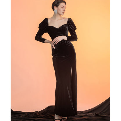 GOUDIN women's long sleeve velvet front slit long dress- RIVER.
