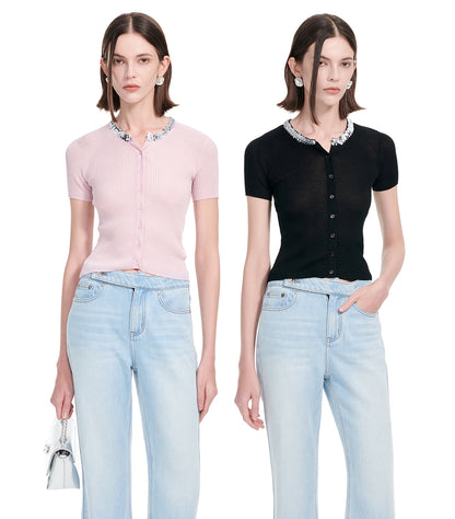 YES BY YESIR | Ye Qians Glitter-Knit Party Cardigan with Light-Catching Threads- DANIELLA.