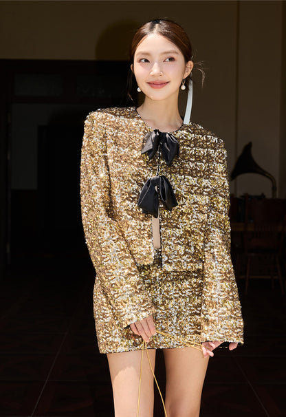 YES BY YESIR  bow decoration loose short skirt suit set - DECO