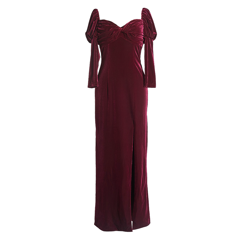 GOUDIN women's long sleeve velvet front slit long dress- RIVER.