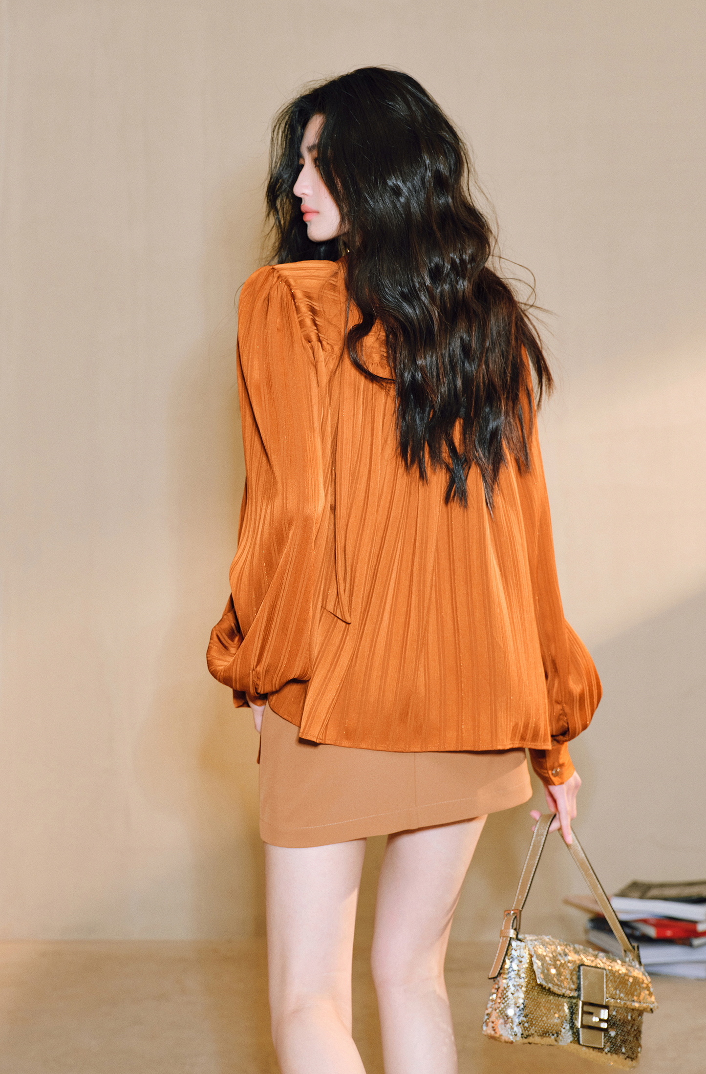 WANGXO Bright Silk Satin with 3D Drawstring Detail Temperament V-Neck - LENNA