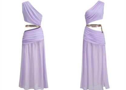 DOLLY Elegant Purple French Style Slant Collar Sleeveless Long Resort Dress-HILDA