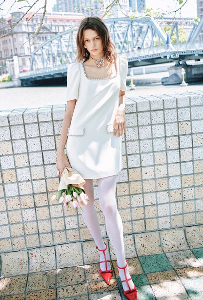 YES BY YESIR | Ye Qians White Square-Neck Dress -ELIANNA.