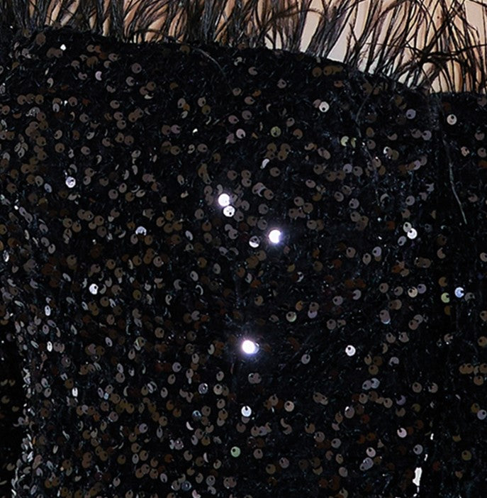 DOLLY Luxury Black Off Shoulder Feather Sequin Tube Top Long Evening Dress-LORELEI