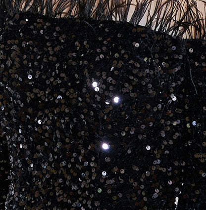 DOLLY Luxury Black Off Shoulder Feather Sequin Tube Top Long Evening Dress-LORELEI