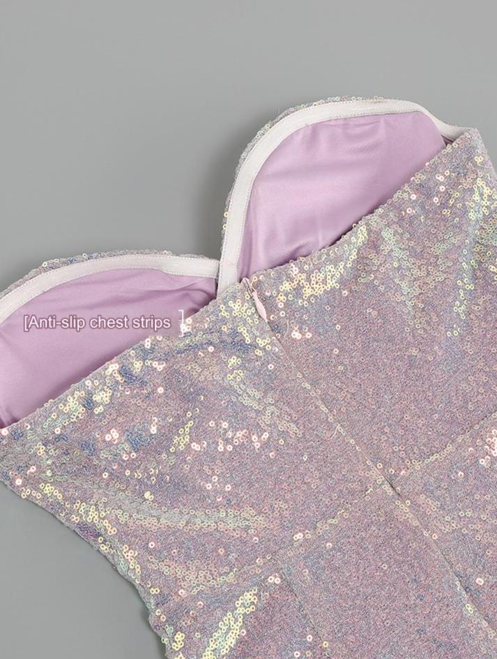 DOLLY Luxury Violet Glittering Sleeveless Chest Wrap Midi Feather Party Dress-FILIPPA