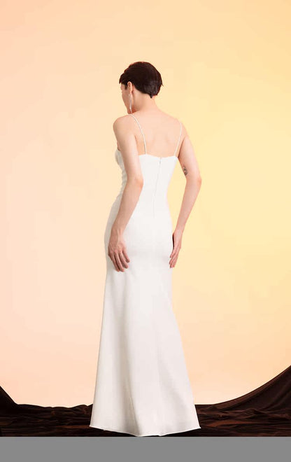 GOUDIN white long suspender slim dress high-end texture host dress-FIN.