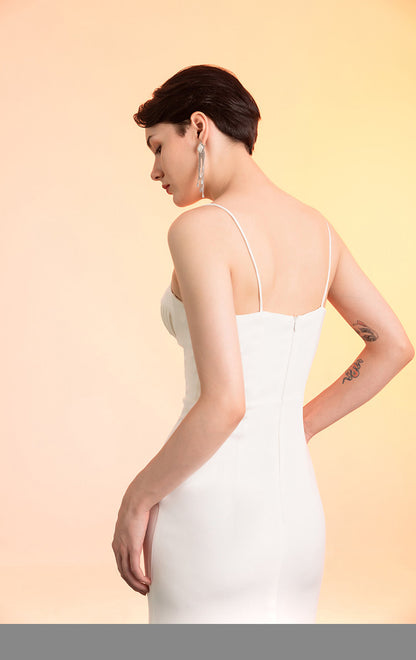 GOUDIN white long suspender slim dress high-end texture host dress-FIN.
