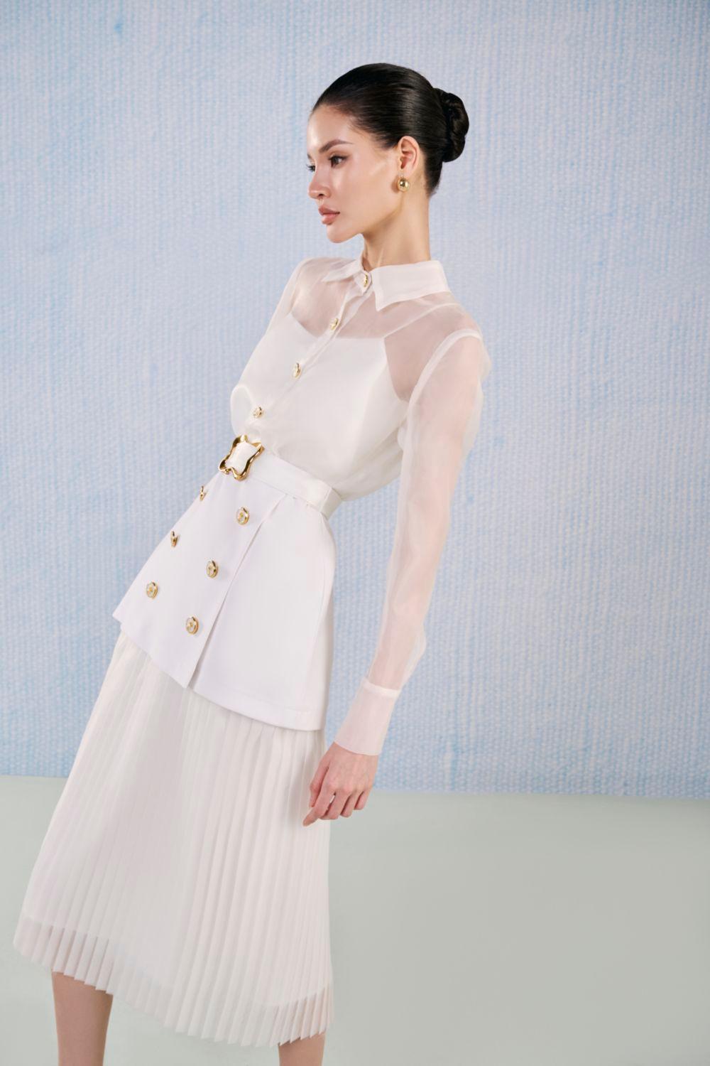 White Plan A-line see-through Organza pleated Midi white dress - Garne GOOD GIRL REBEL White Plan A-line see-through Organza pleated Midi white dress - Garne GOOD GIRL REBEL