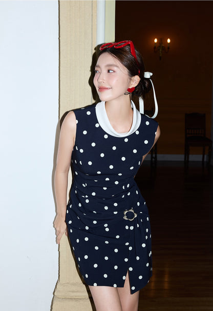 YES BY YESIR | Ye Qian Polka Dot Print Sleeveless Dress with Loop Knot & Deconstructed Charm-GENEVA.