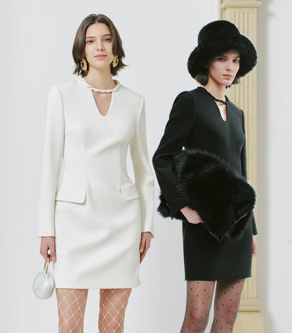 YES BY YESIR twist collar slim short long sleeve dress - HALLOW.