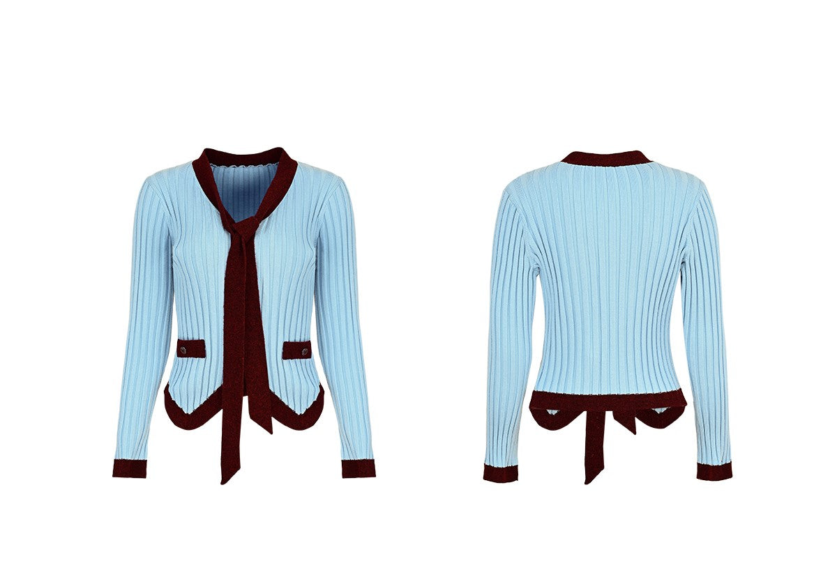 YES BY YESIR ribbed texture maroon accents scarf-tie neckline top - HEAT.