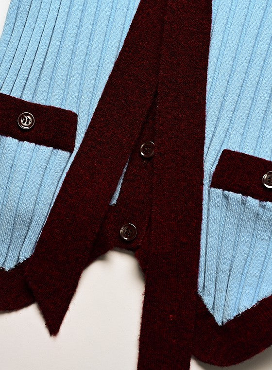 YES BY YESIR ribbed texture maroon accents scarf-tie neckline top - HEAT.