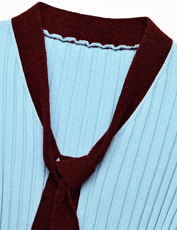 YES BY YESIR ribbed texture maroon accents scarf-tie neckline top - HEAT.