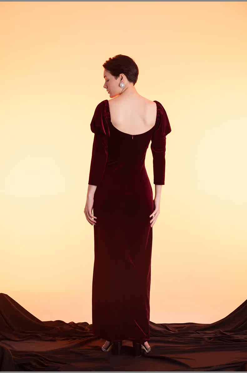 GOUDIN women's long sleeve velvet front slit long dress- RIVER.