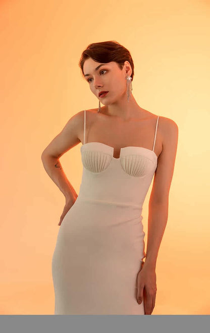 GOUDIN white long suspender slim dress high-end texture host dress-FIN.